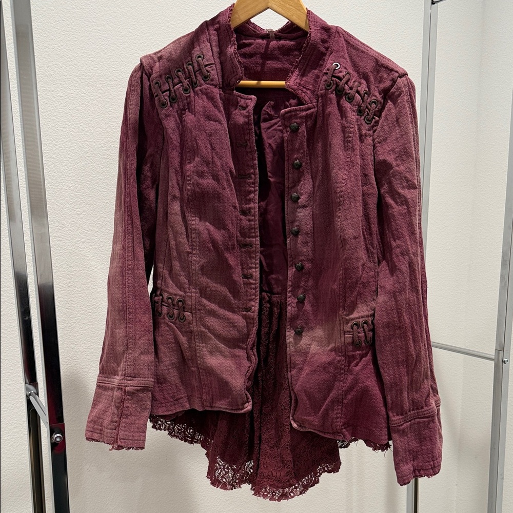 Free People Women’s Lace-Trim Burgundy Jacket - Picture 2 of 7